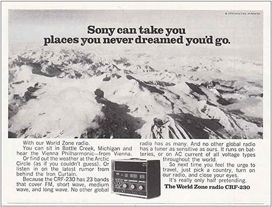 1970年，索尼公司登出的收音机广告。图片来源：Amazon